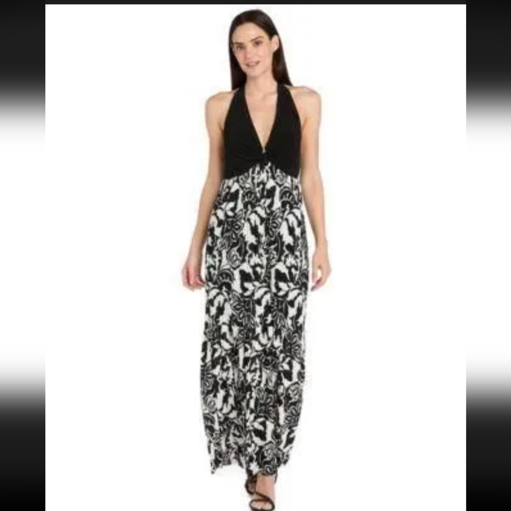 NWT R&M RICHARDS Colorblocked Print Halter Dress Black and White Size XL